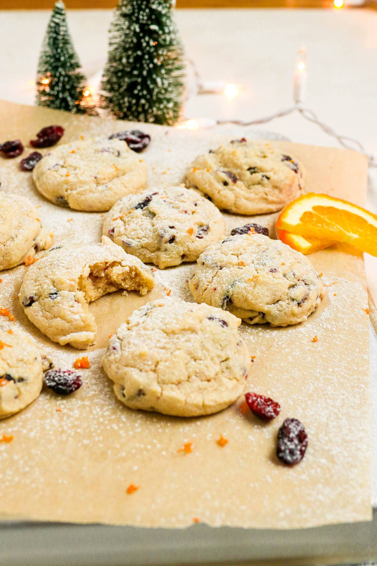 cranberry cookies on parchment with small trees in the background.