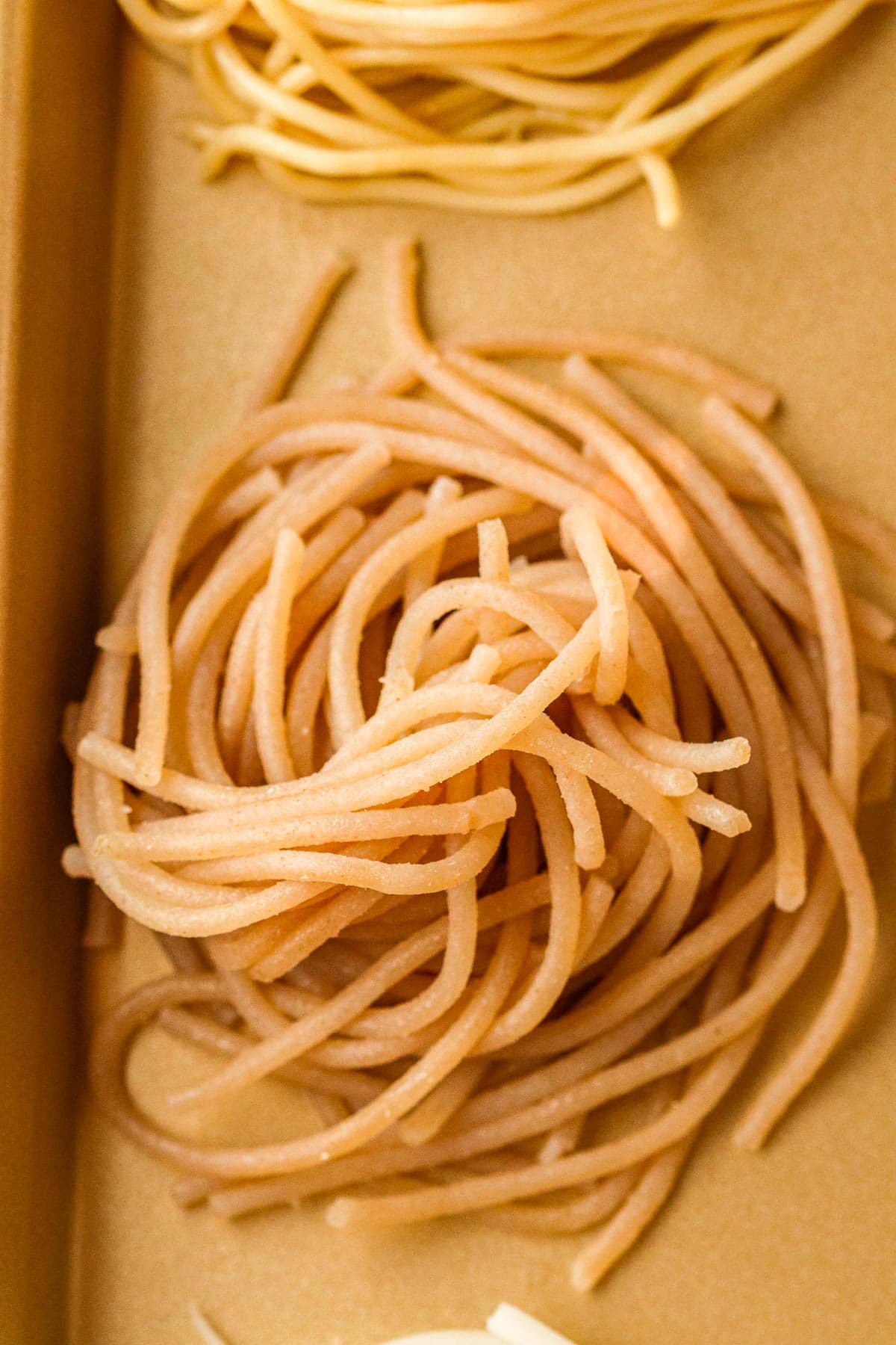 close up of brown rice pasta.