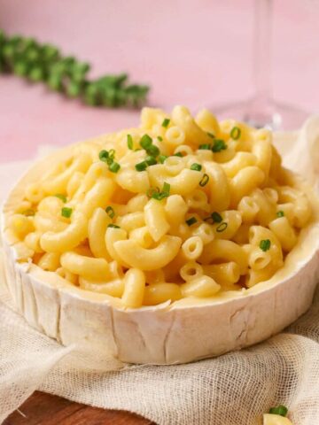 mac and cheese in a brie wheel with chives.