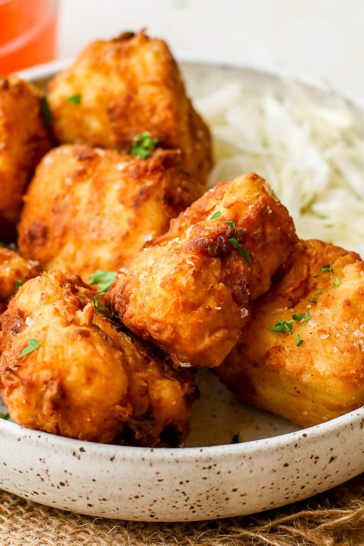 tofu in a white bowl.