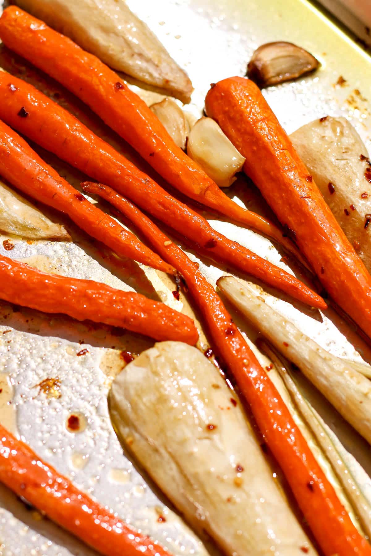 glazed vegetables on sheet pan.