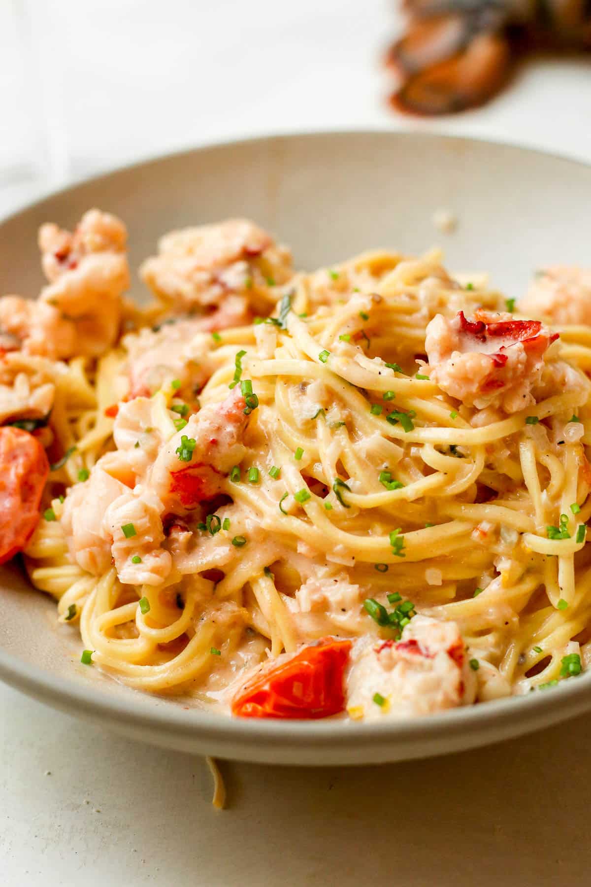 lobster pasta in a bowl.