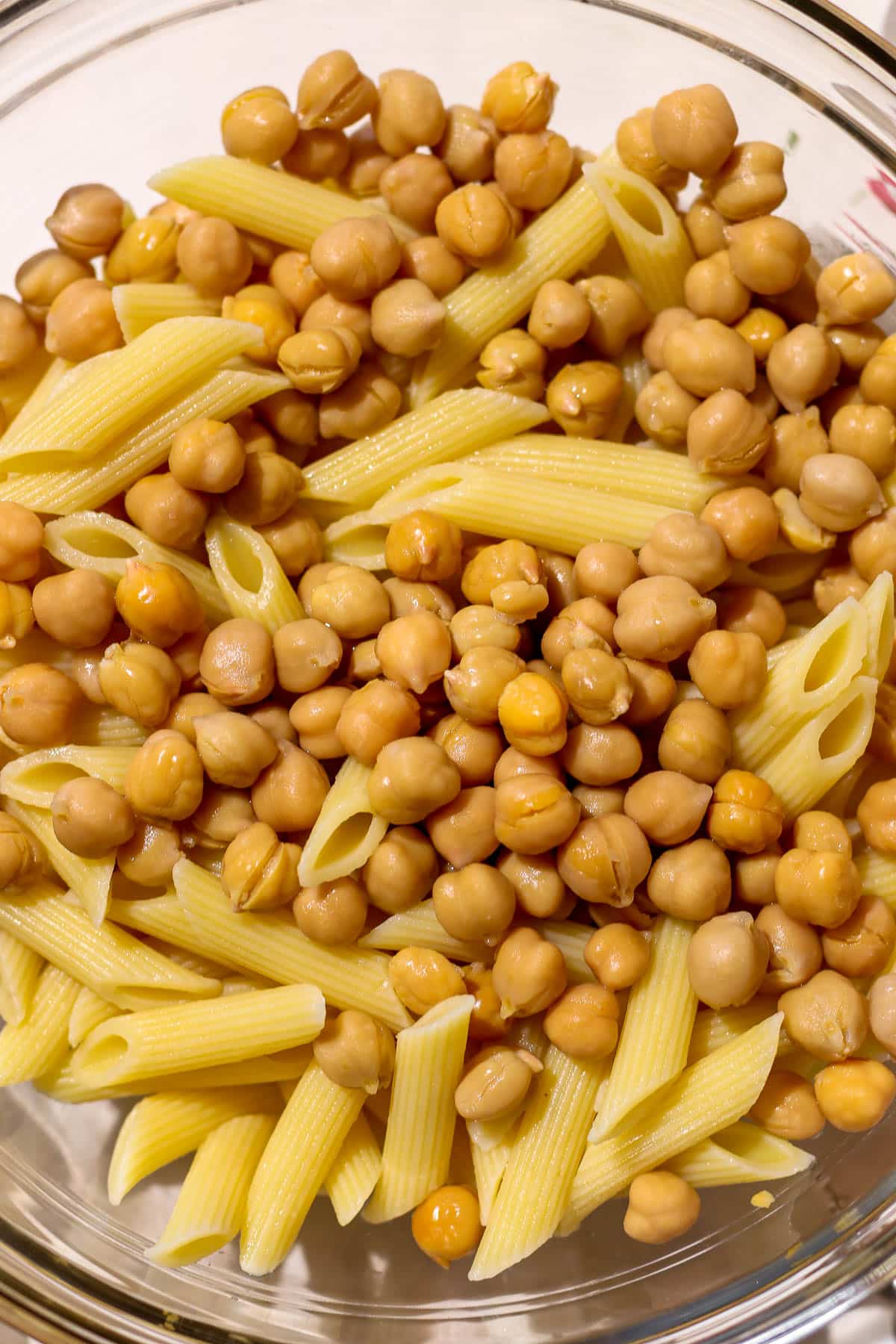 pasta with chickpeas in a bowl.