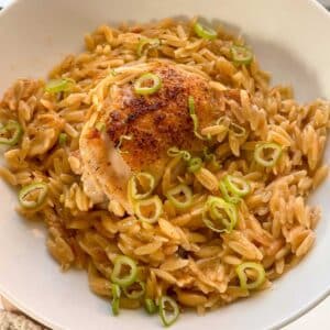 orzo and chicken in a white bowl.